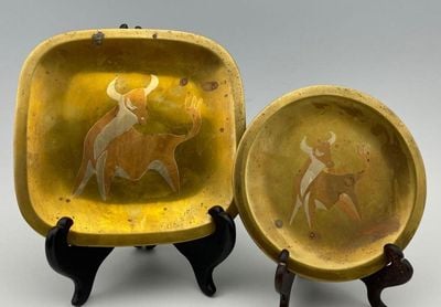 Los Castillo Bullfighting-Motif Mixed-Metal Dish Pair