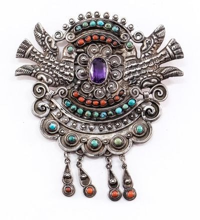 MATL (Matilde Poulat) Spread-Wing Dove Medallion Brooch with Turquoise and Amethyst