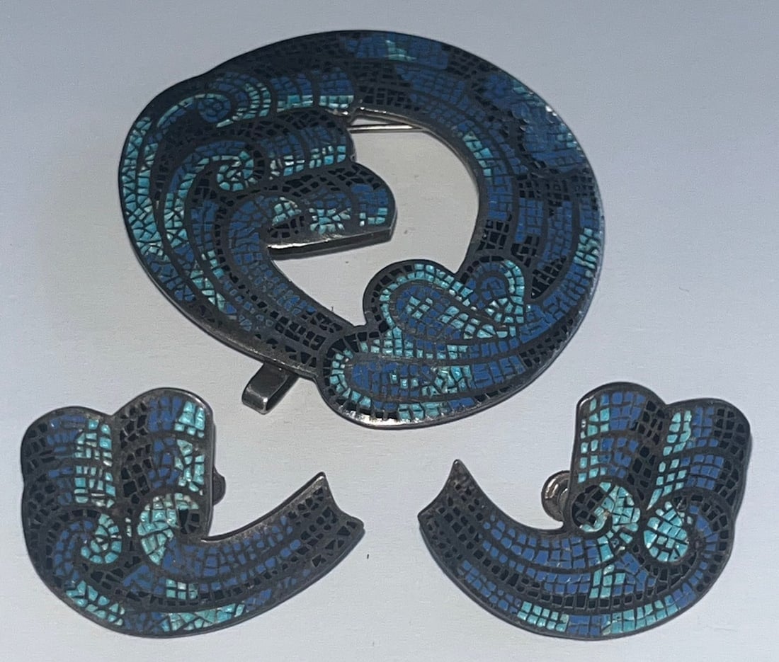 Margot de Taxco Wave Mosaic Brooch and Earrings