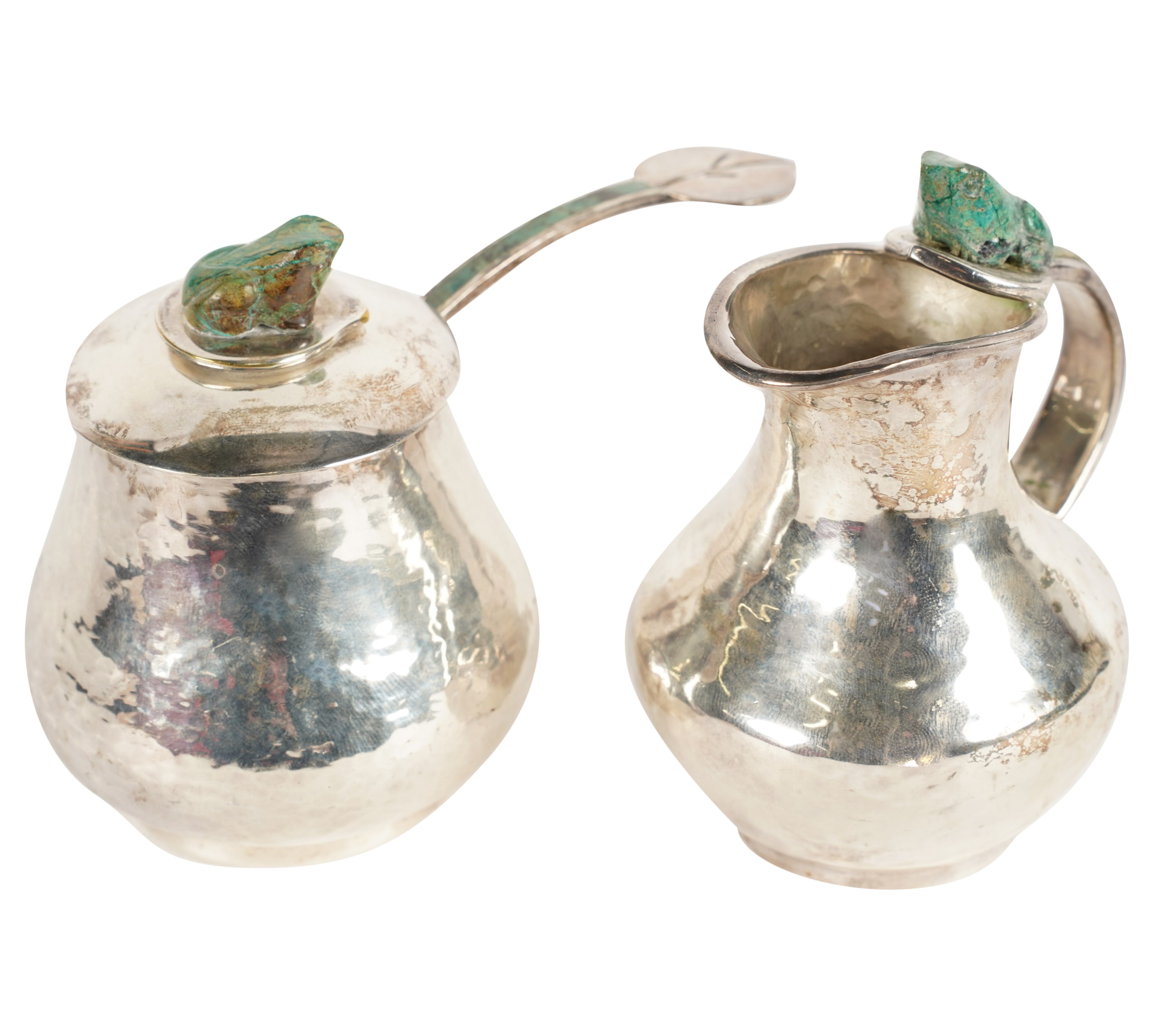 Los Castillo Frog-Handled Creamer and Covered Sugar Bowl with Stone Inlay