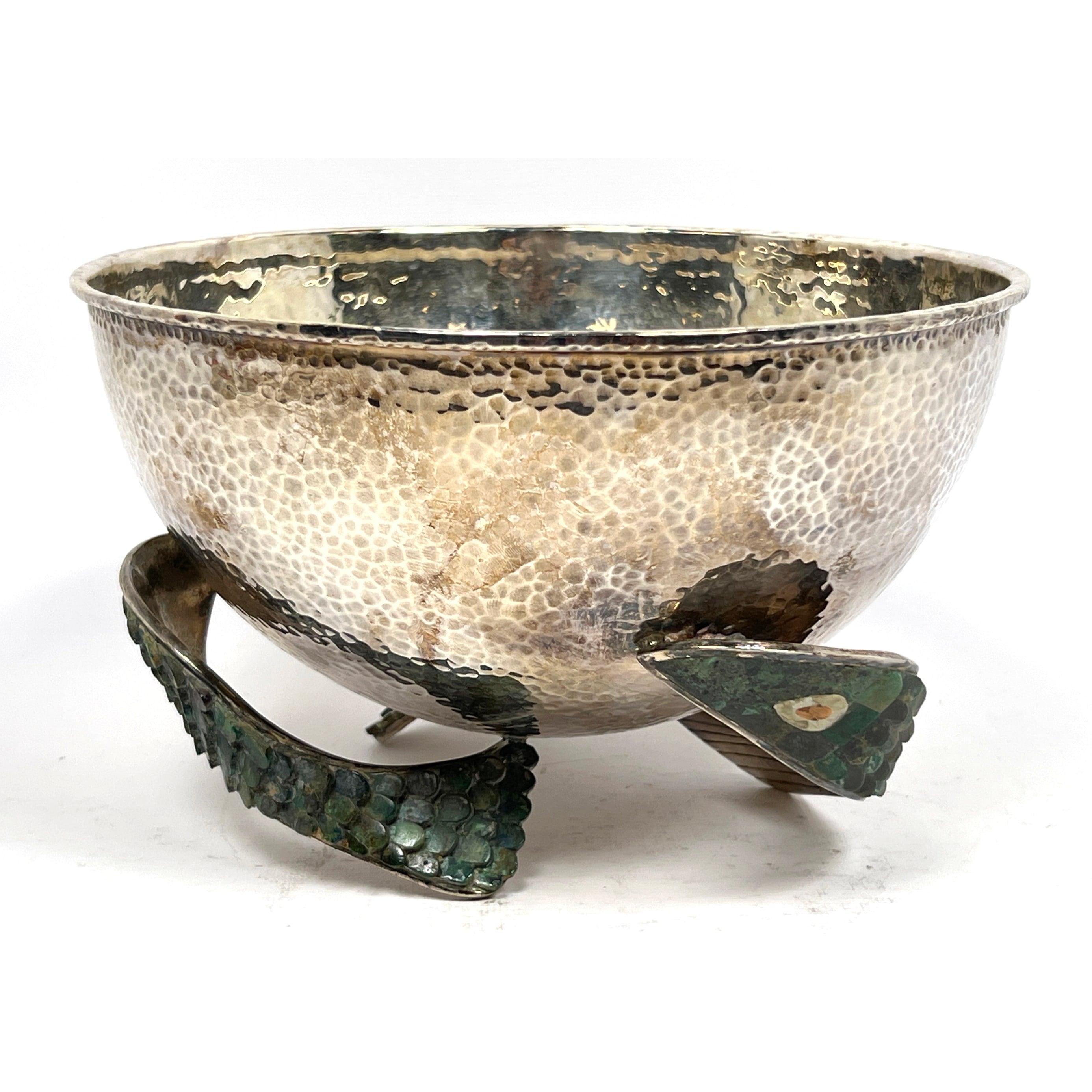 Los Castillo Hammered Bowl with Three Stone-Inlaid Fish Feet