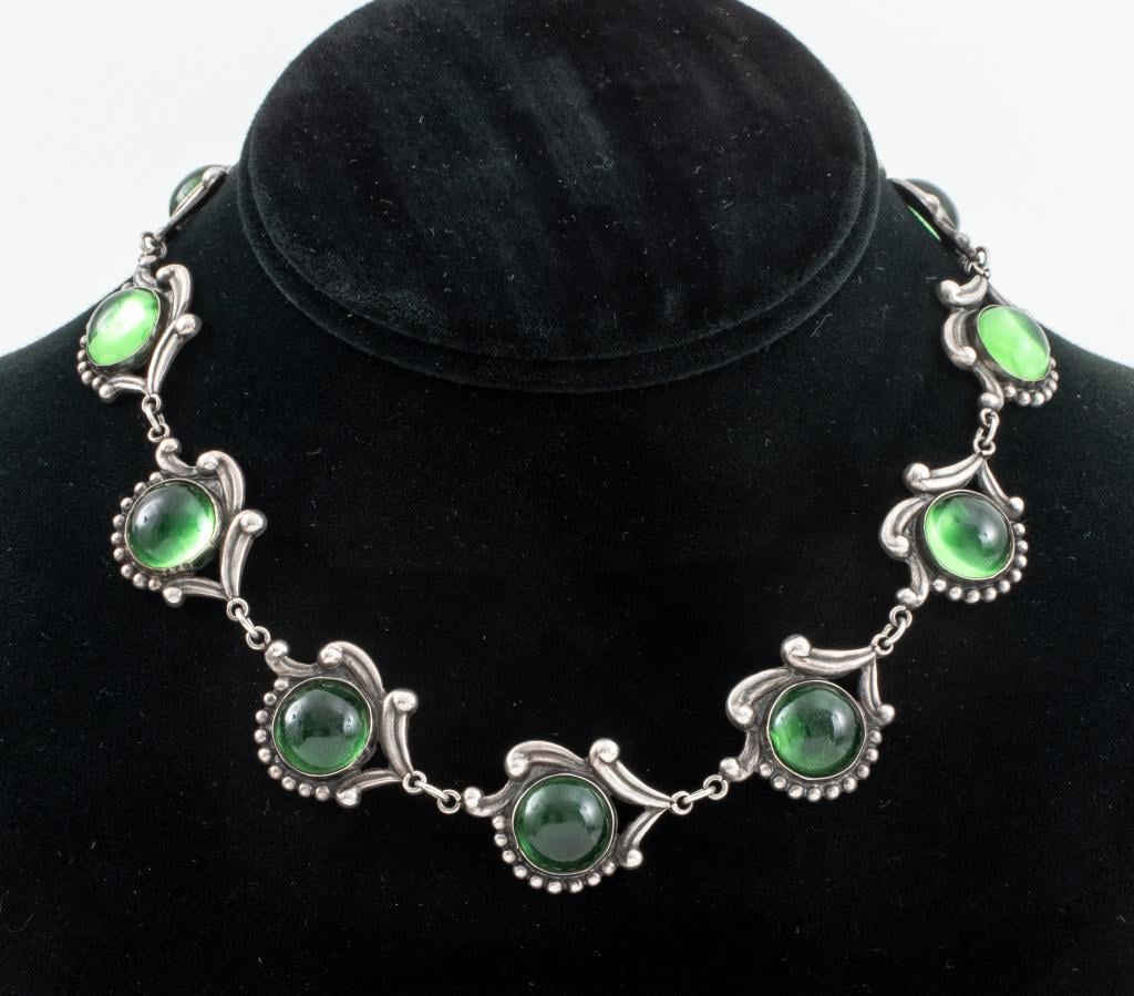 Los Castillo Floral Necklace with Green Glass Beads