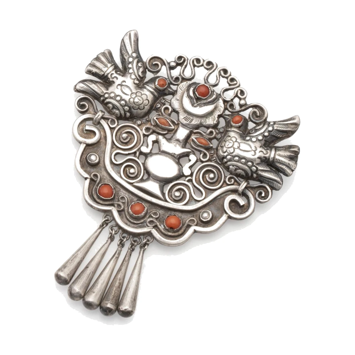 MATL (Matilde Poulat) Paired-Dove Drop Brooch with Coral