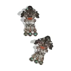 MATL (Matilde Poulat) Bird-and-Garland Drop Earrings with Coral and Turquoise