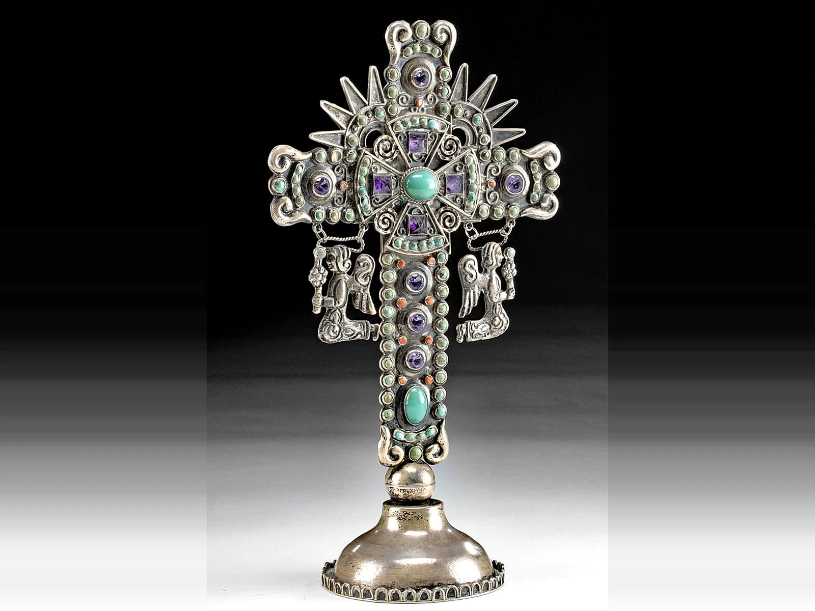 MATL (Matilde Poulat) Inlaid Standing Cross with Turquoise, Amethyst, and Coral