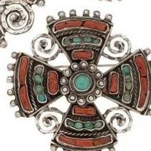 MATL (Matilde Poulat) Scrollwork Cross Brooch with Turquoise and Coral
