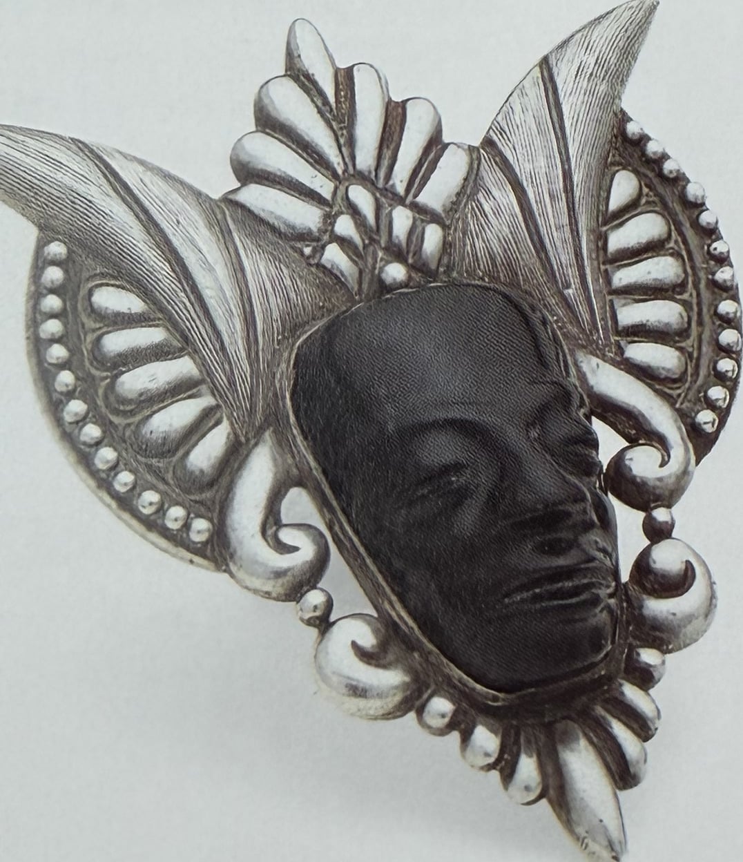 Los Castillo Brooch with Onyx Mask and Futuristic Headdress