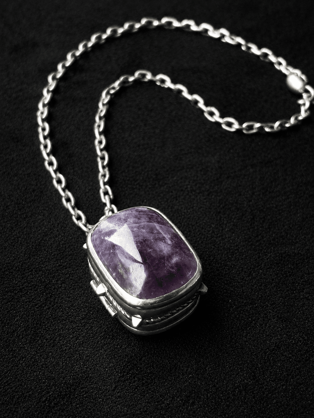 William Spratling Carved Amethyst Pill Box Necklace