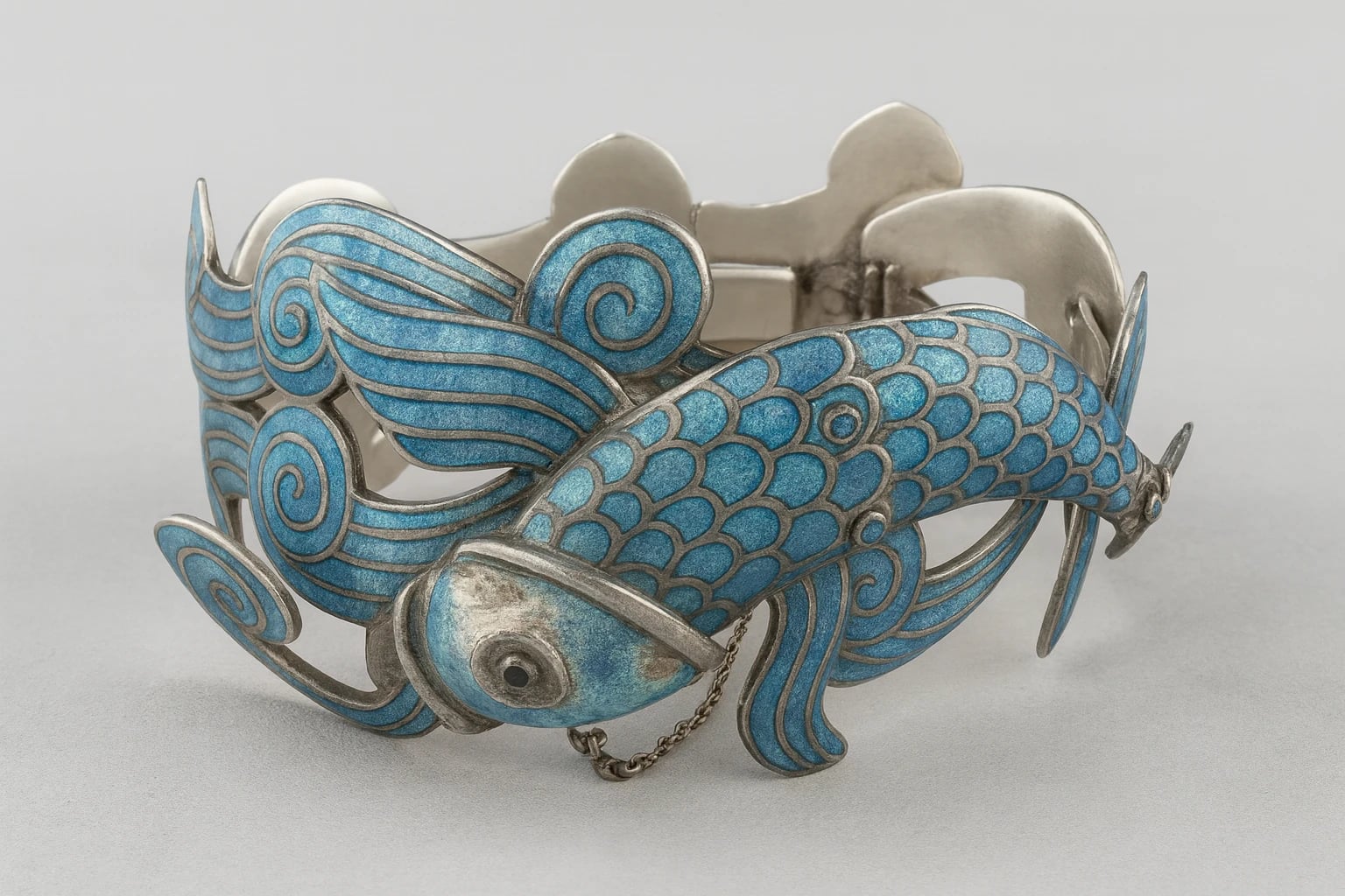 Margot de Taxco Swimming-Fish Bracelet with Blue Enamel, Design No. 5644