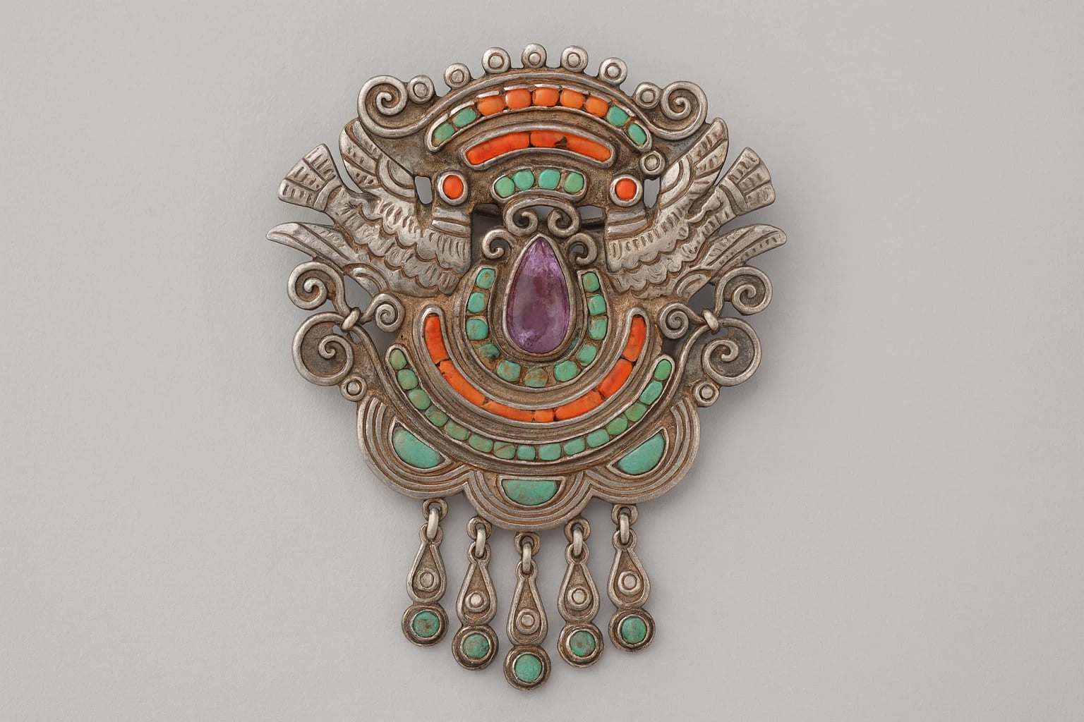 MATL (Matilde Poulat) Paired-Dove Drop Brooch with Turquoise and Coral