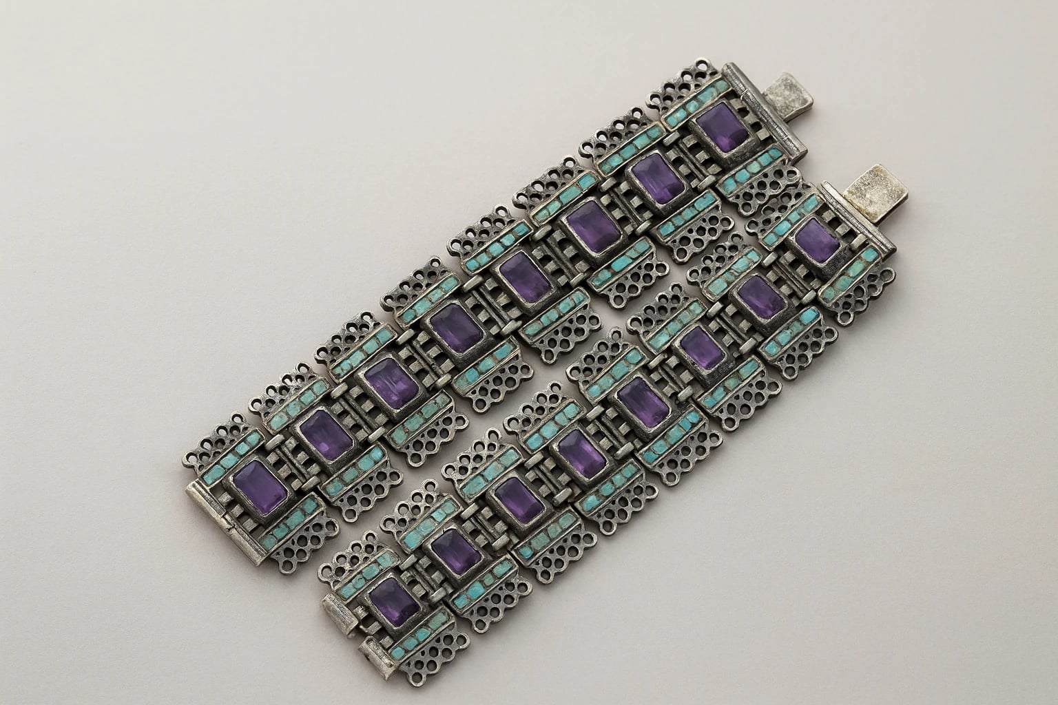MATL (Matilde Poulat) Multi-Row Rectangular-Station Bracelet with Turquoise and Amethyst