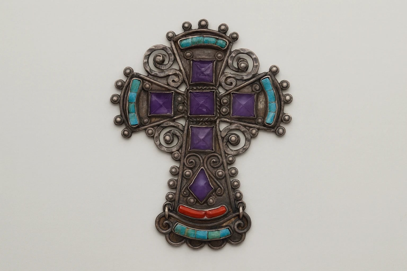 MATL (Matilde Poulat) Rounded Cross Pendant with Turquoise and Amethyst