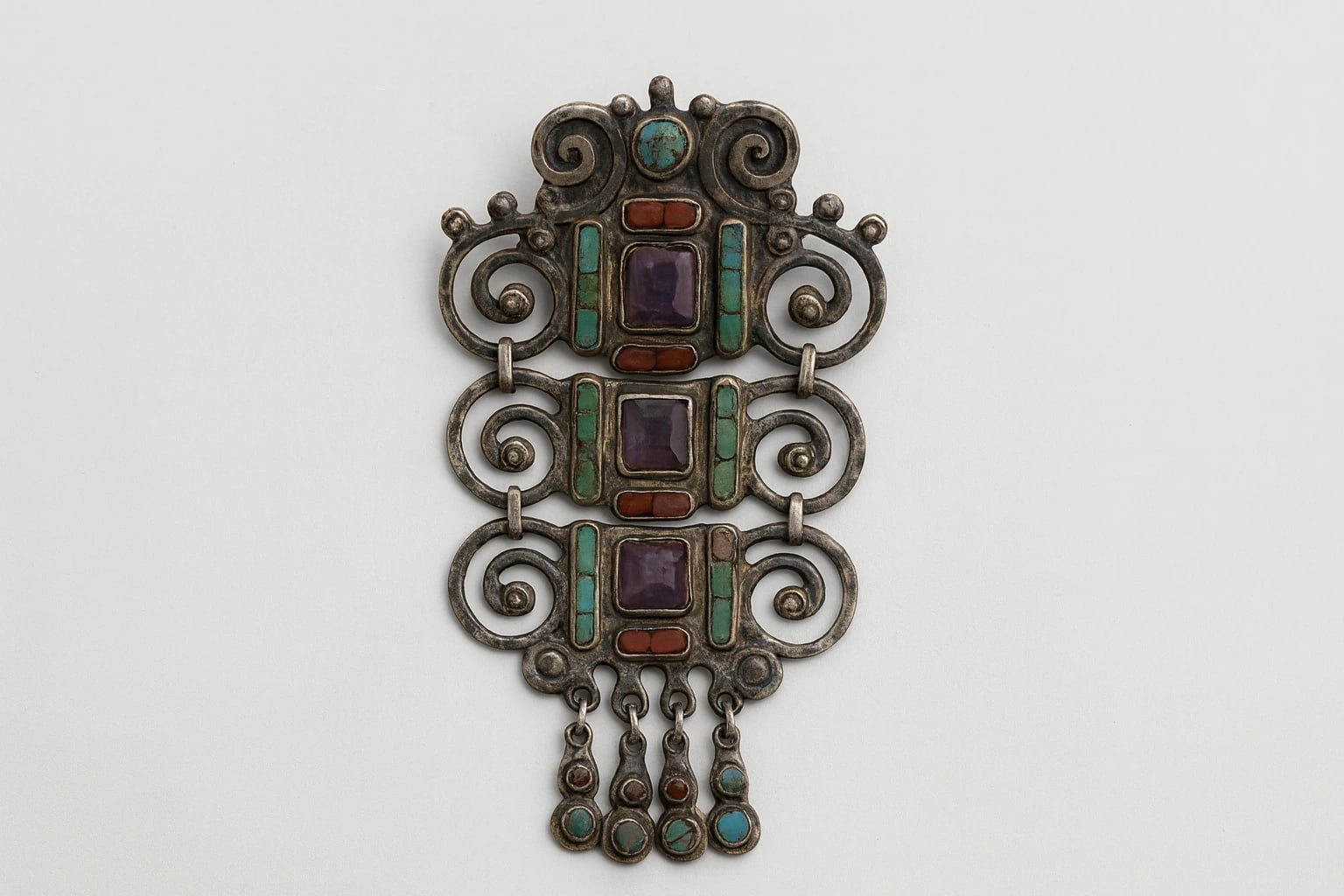 MATL (Matilde Poulat) Rectangular Scrollwork Brooch with Turquoise and Coral