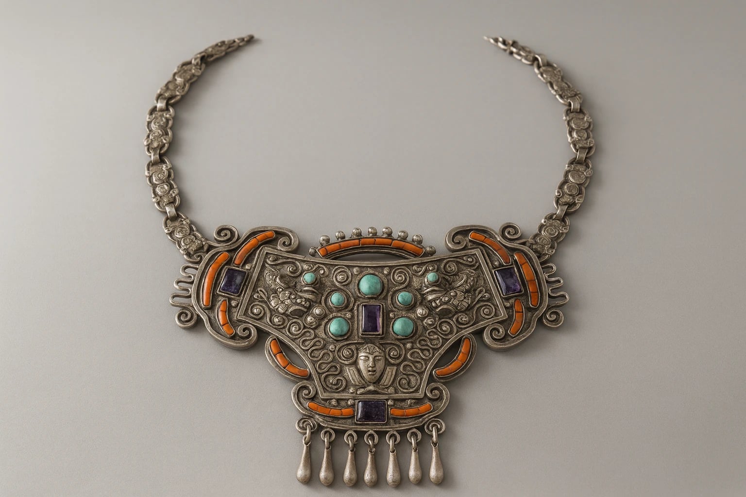 MATL (Matilde Poulat) Mask-Pendant Link Necklace with Turquoise and Coral