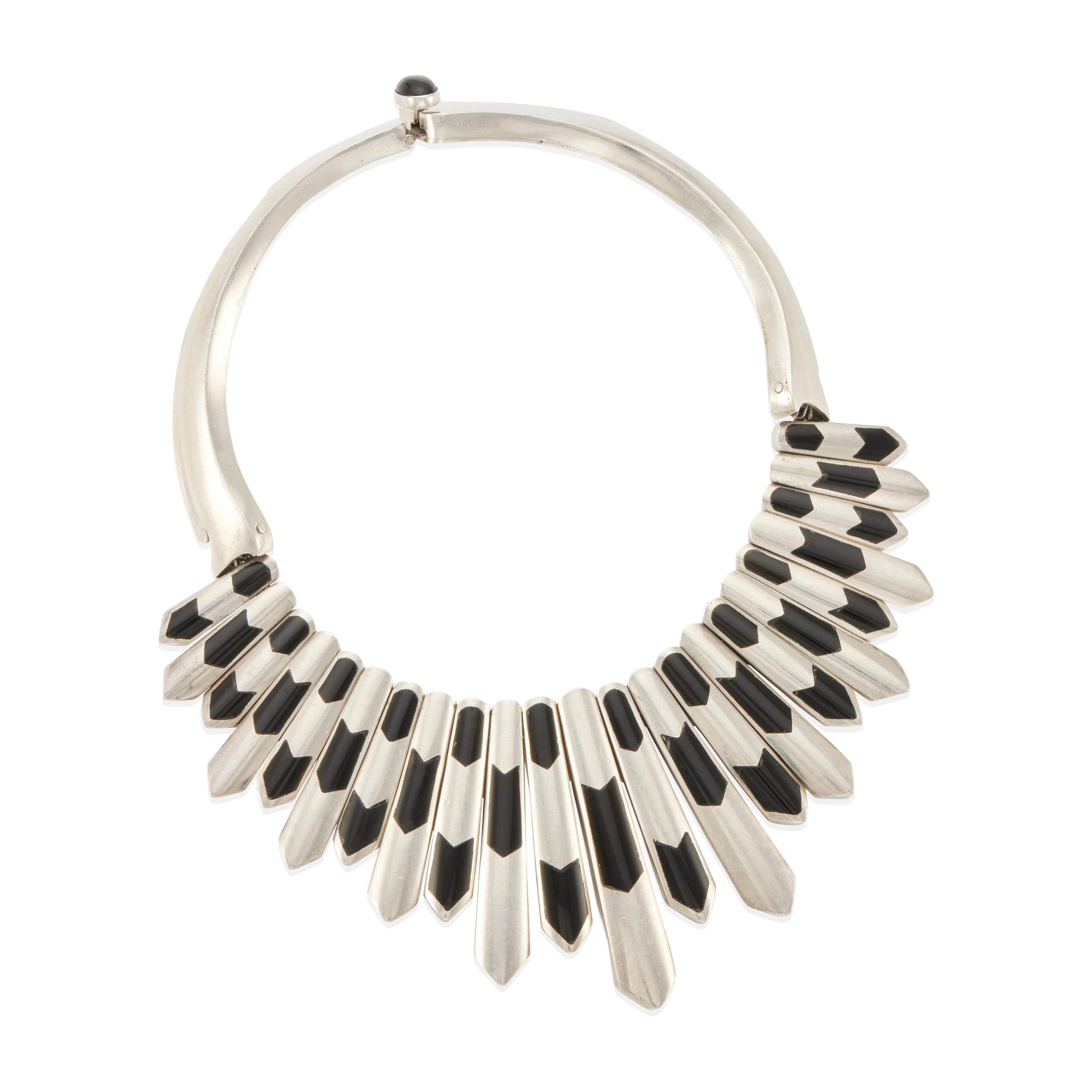 Antonio Pineda Onyx-Inlaid Fringe Collar Necklace showing graduated silver plaques with flush black onyx chevrons and articulated connections.