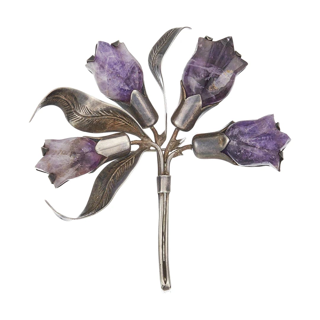 Fred Davis Carved Amethyst Flower Brooch