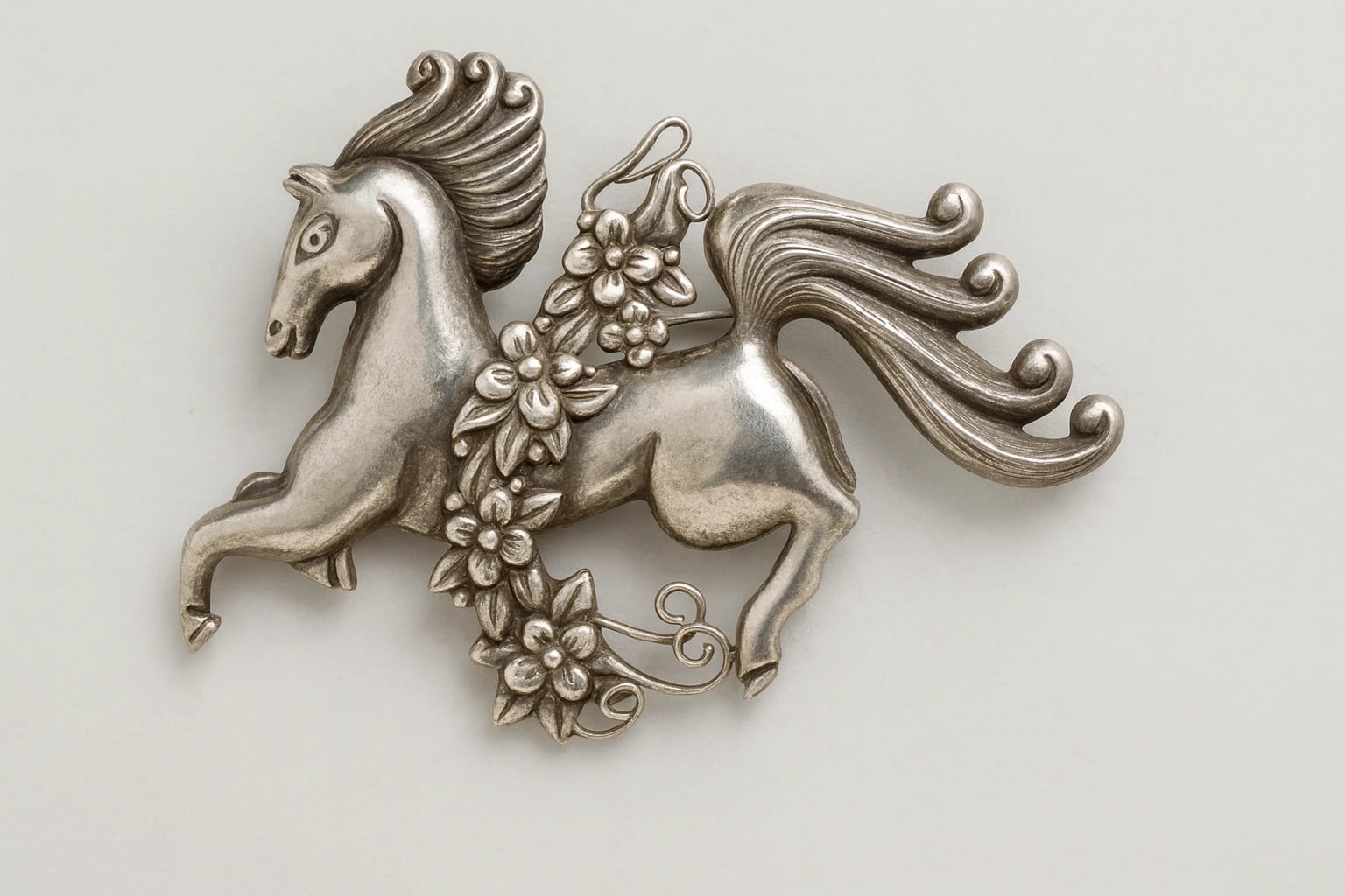 Los Castillo Galloping Horse Brooch with Flower Garland