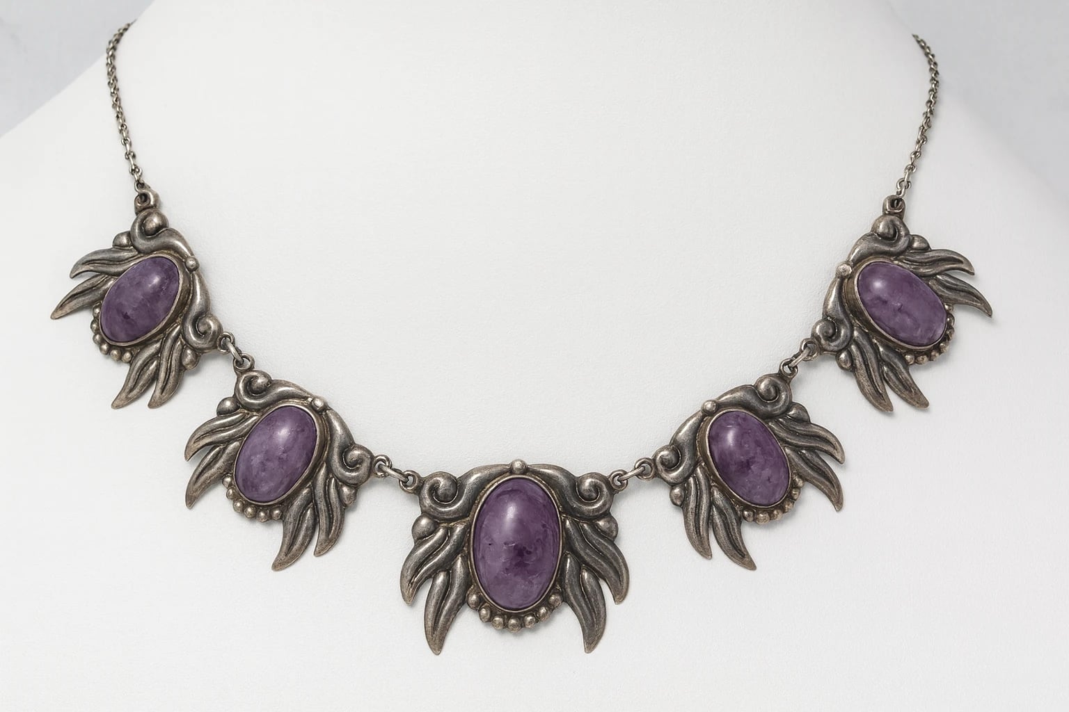 Los Castillo Wing Feather Necklace with Amethyst and Niello
