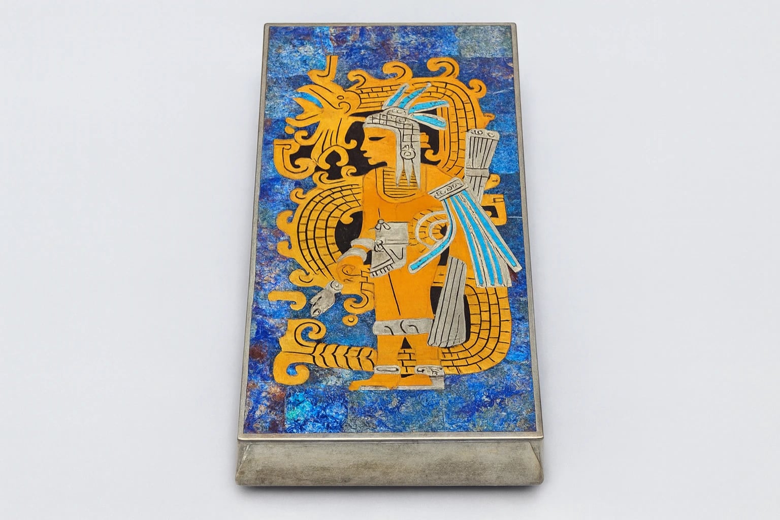 Los Castillo Aztec Warrior Box with Metales Casados and Stone Mosaic, Design No. 931