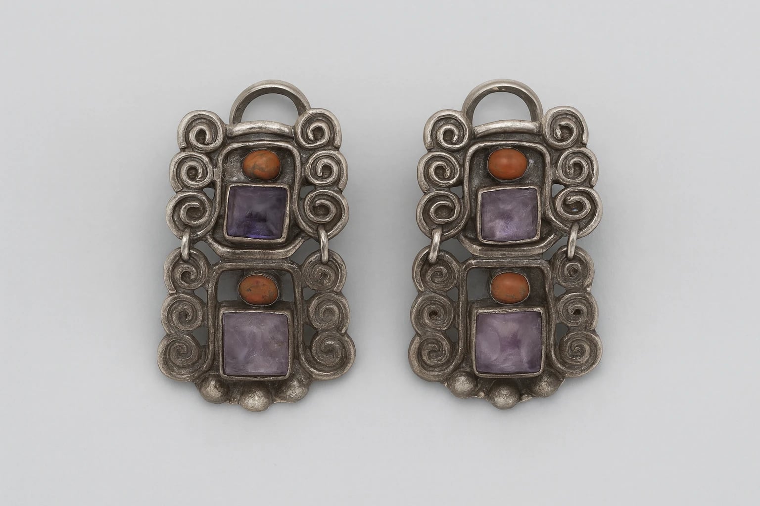 MATL (Matilde Poulat) Rectangular Clip Earrings with Amethyst and Coral