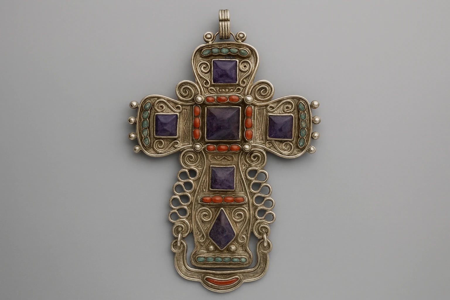 MATL (Matilde Poulat) Cross Pendant with Amethyst, Coral, and Turquoise