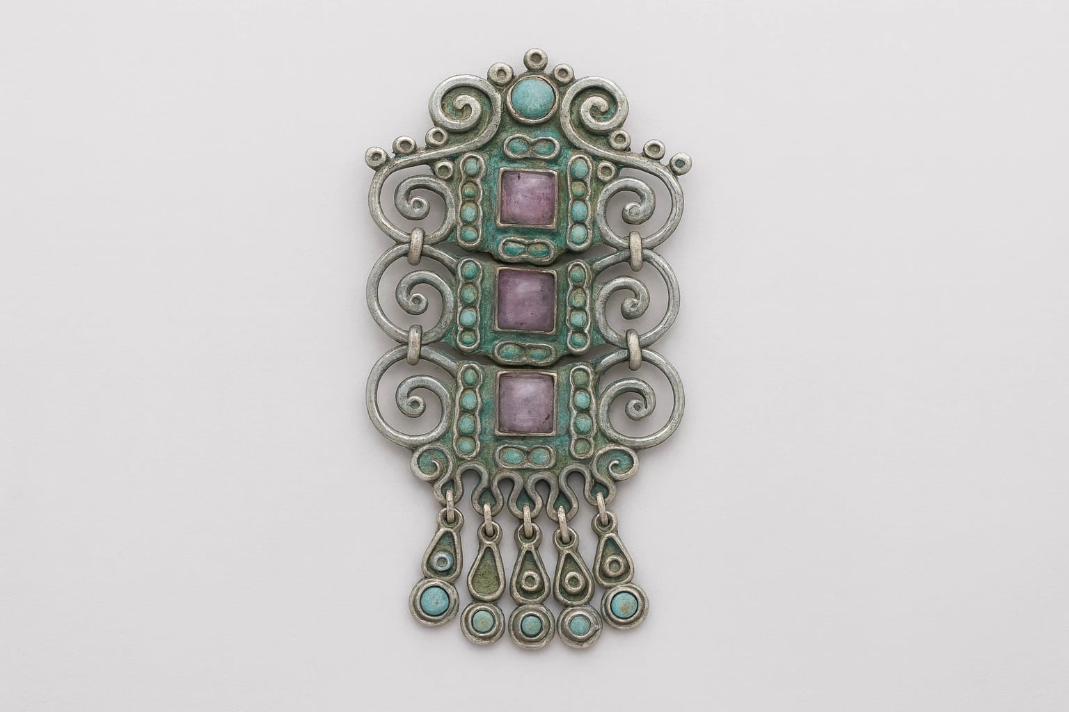 MATL (Matilde Poulat) Triple-Amethyst Scrollwork Drop Brooch with Turquoise