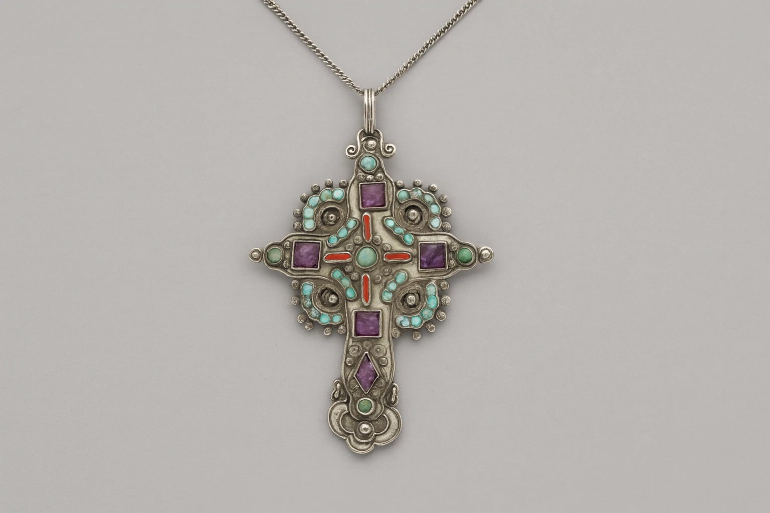 MATL (Matilde Poulat) Cross Pendant with Turquoise and Amethyst