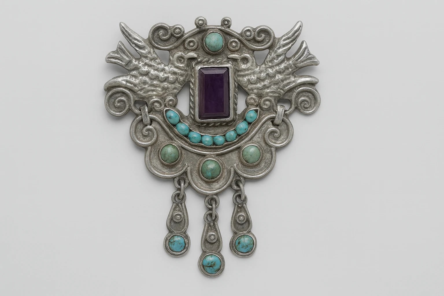 MATL (Matilde Poulat) Winged-Dove Medallion Brooch with Turquoise and Amethyst