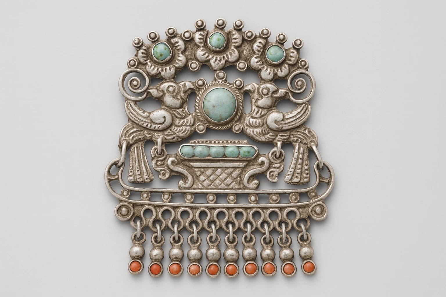 MATL (Matilde Poulat) Crown Brooch with Turquoise and Coral
