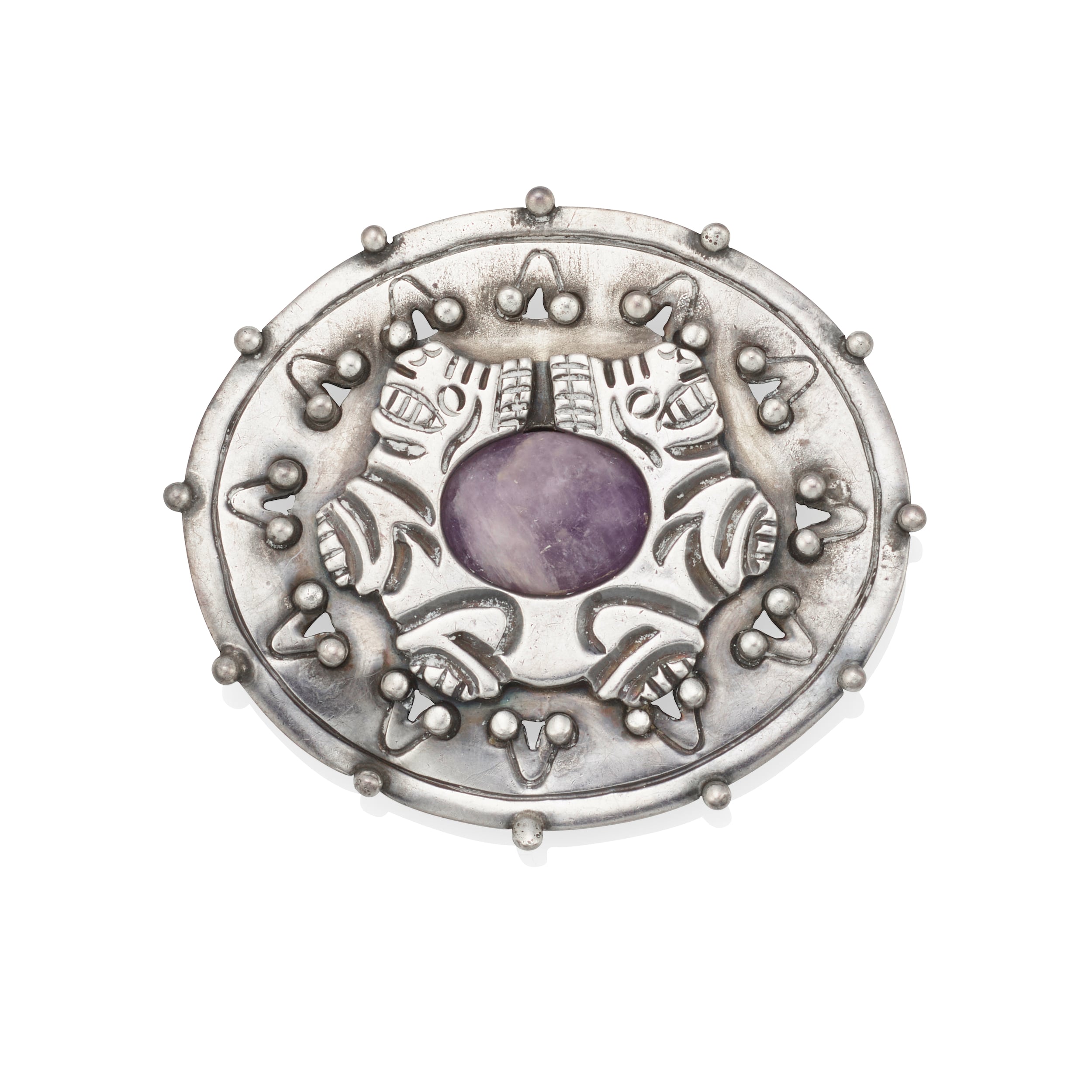 William Spratling Large Silver Brooch with Aztec Motifs