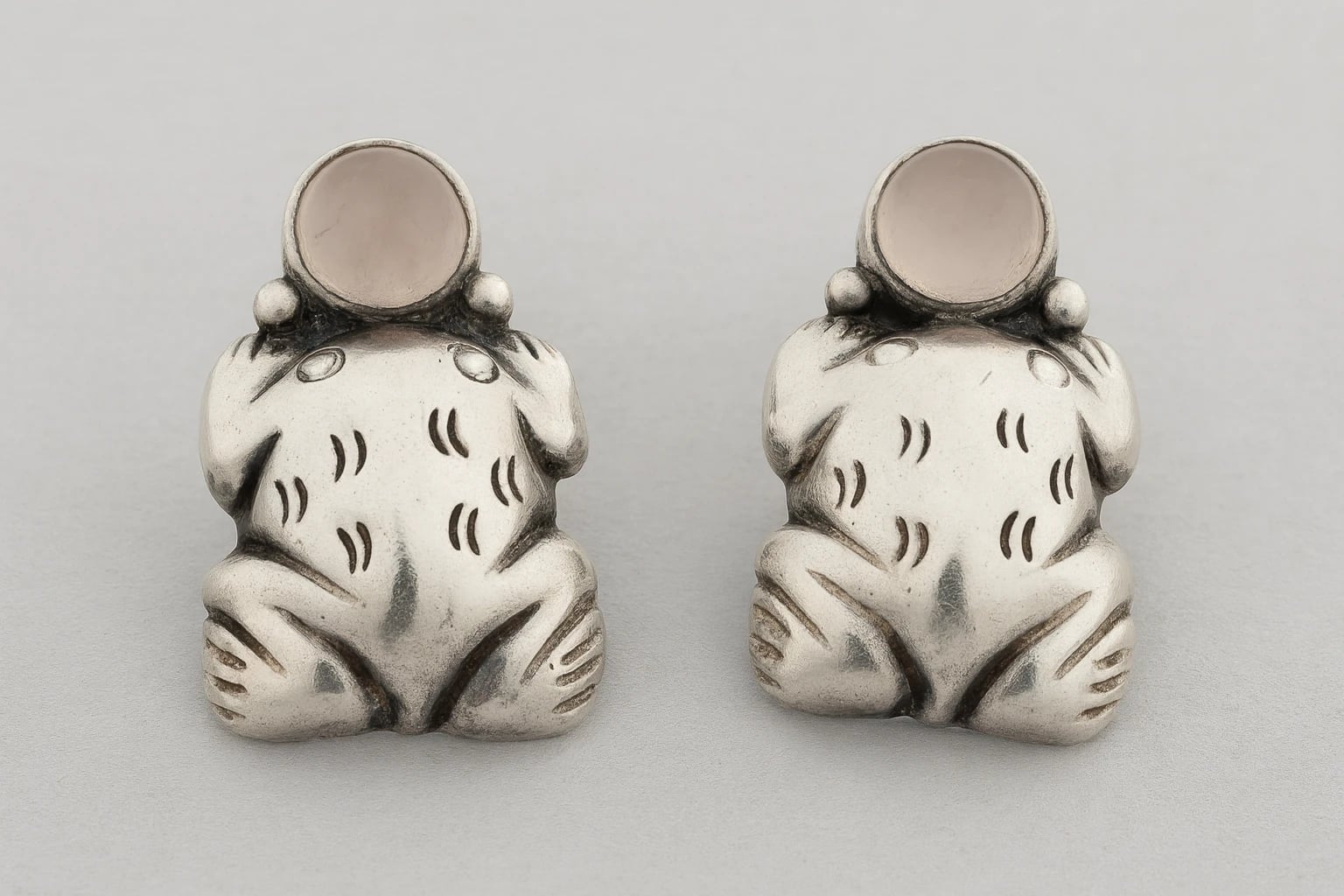 William Spratling Unusual Frog Earrings with Rose Quartz