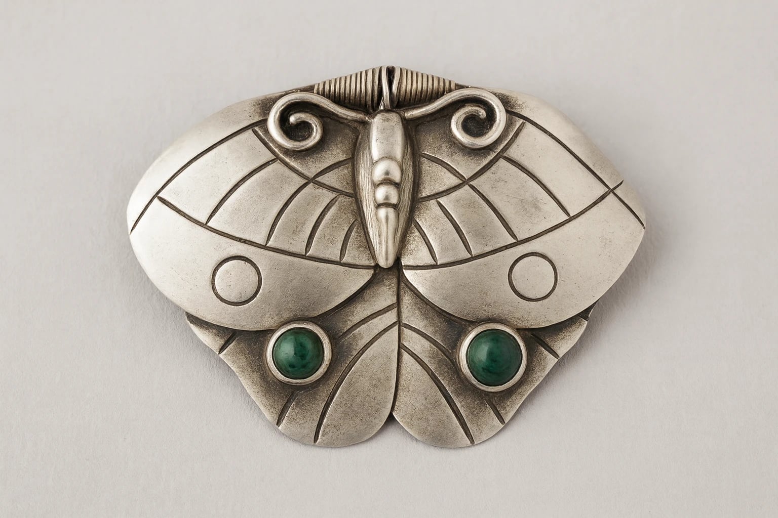 William Spratling Moth Brooch Set with Malachite