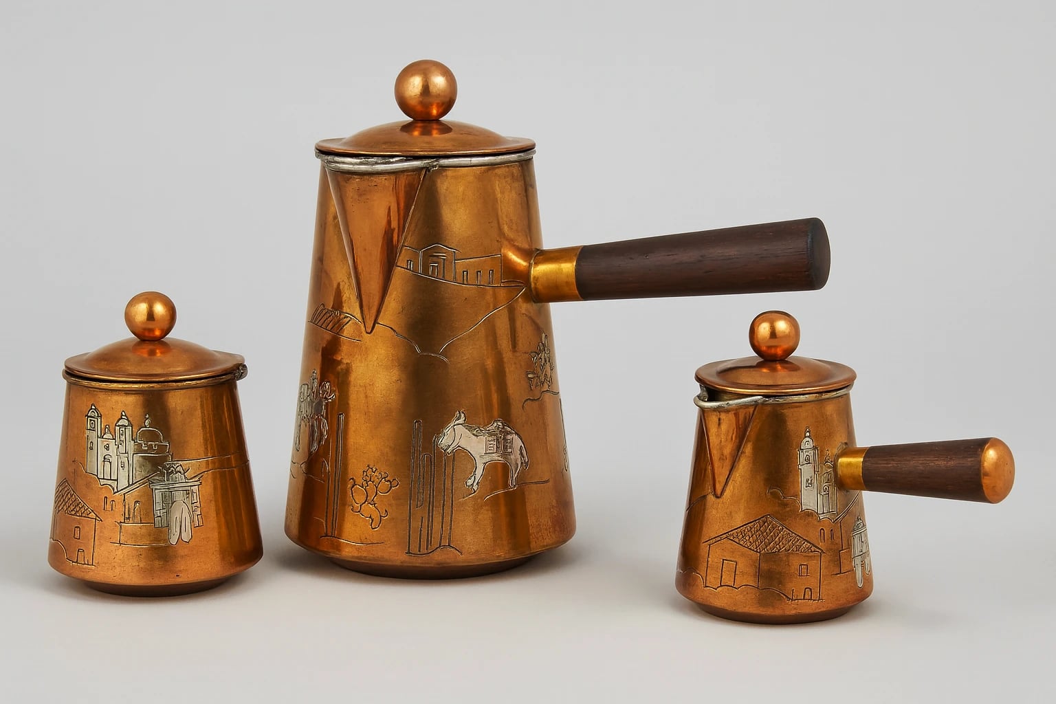 Ana Núñez Brilanti (Victoria de Taxco) Santa Prisca Scenes Copper Tea Set