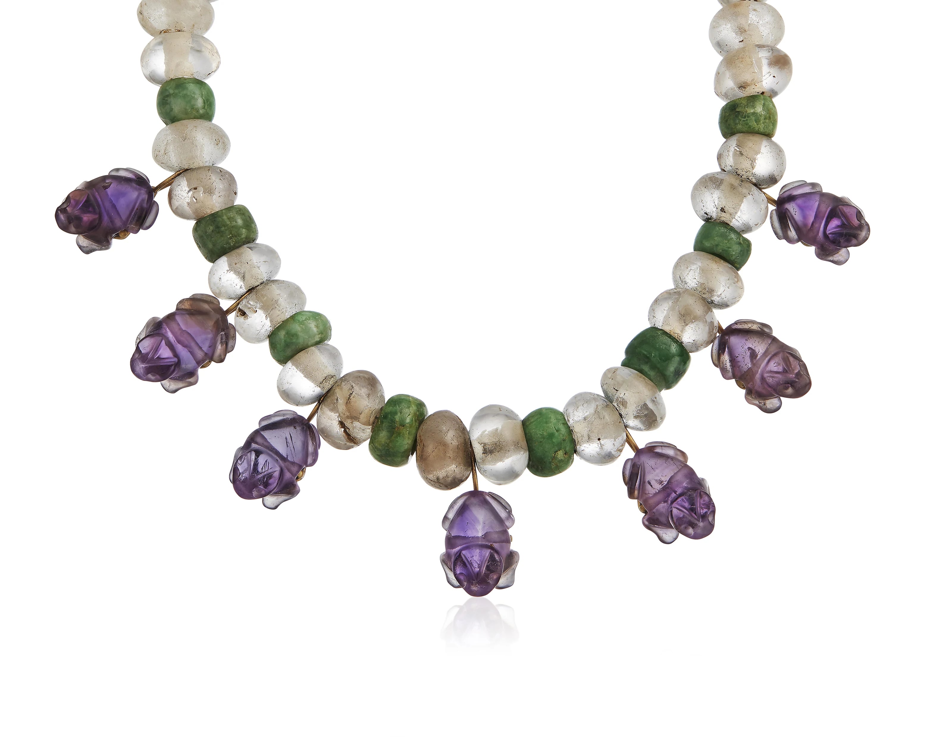 William Spratling Carved Amethyst Frog and Jade Necklace in Gold